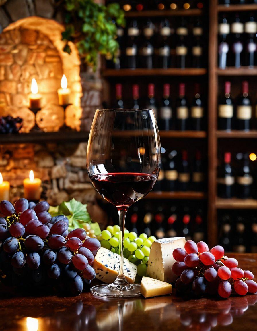An elegant wine cellar filled with an array of luxurious wine bottles, a close-up of a crystal wine glass being poured with a rich red wine, surrounded by lush grapevines and soft candlelight in the background. An enticing tasting table decorated with gourmet cheese and fruits to enhance the luxurious experience. super-realistic. vibrant colors. warm lighting.