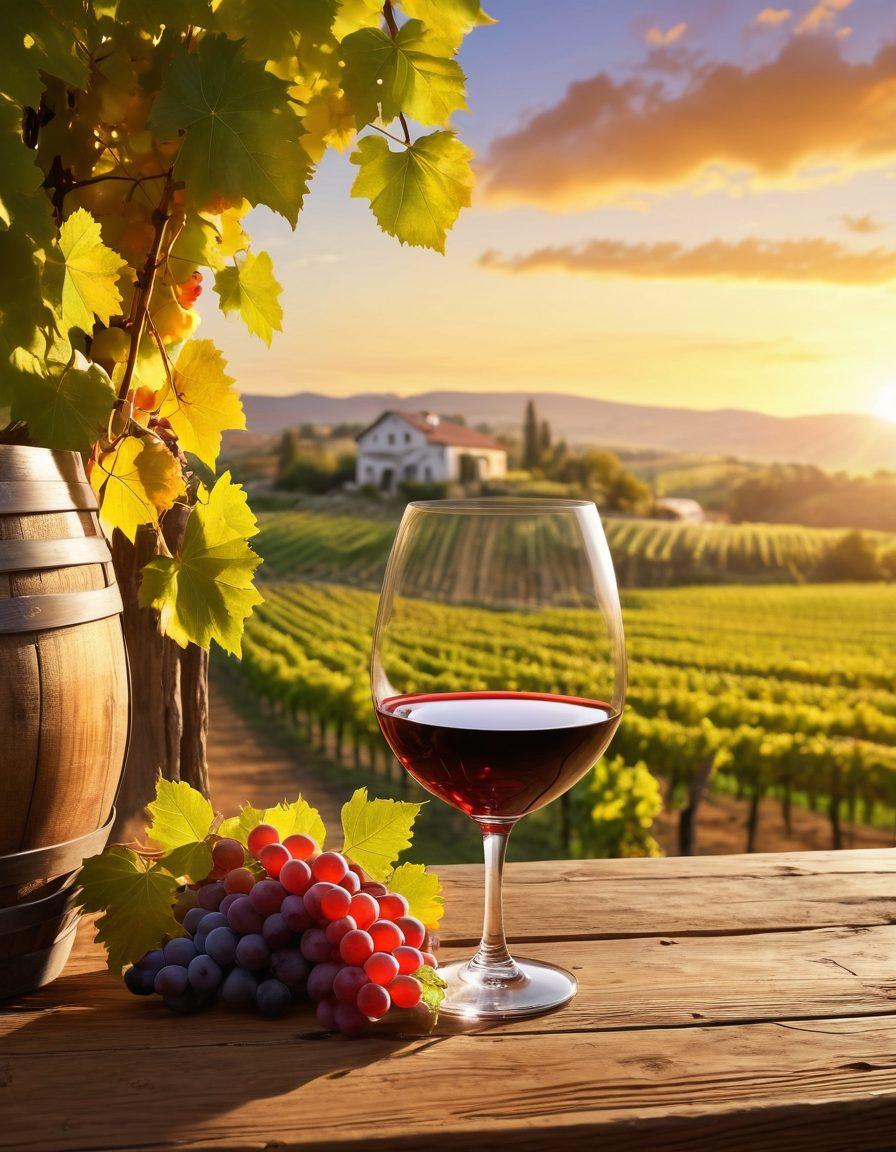 A picturesque vineyard stretching under a golden sunset, with grapevines heavy with ripe grapes in the foreground. In the background, a rustic winery with barrels and equipment symbolizes the science of winemaking. An elegant wine glass filled with red wine is placed on a wooden table, capturing reflections of the vineyard's beauty. Elements of both art and science blend seamlessly in this serene landscape. super-realistic. vibrant colors. warm tone.