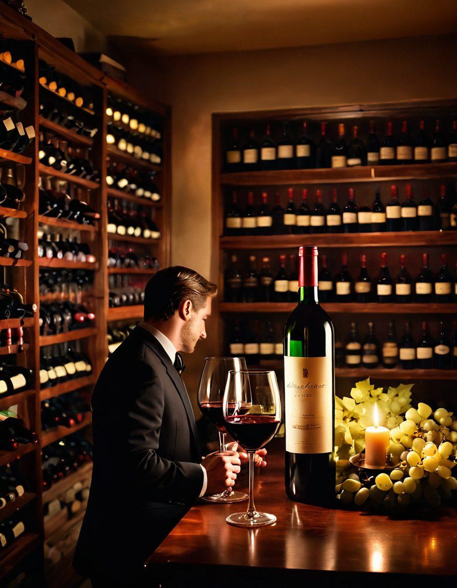 An elegant wine cellar filled with vintage bottles, surrounded by lush grapevines and soft candlelight casting a warm glow. A sommelier is carefully examining a glass of red wine, while a trend chart subtly floats in the background, showcasing evolving wine preferences. The atmosphere should exude sophistication and a sense of timeless charm. super-realistic. vibrant colors. softly lit.